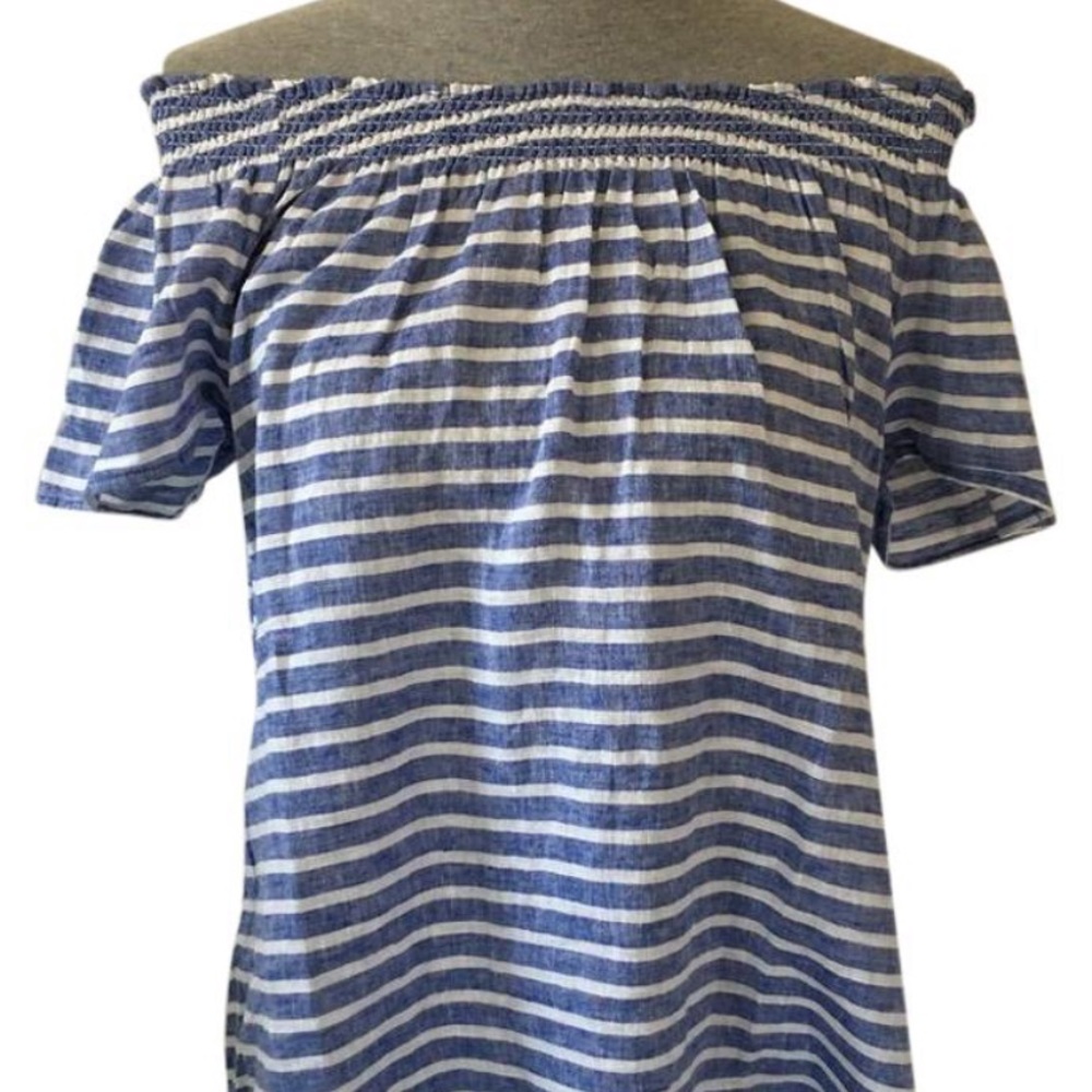Blue and white striped off the shoulder top